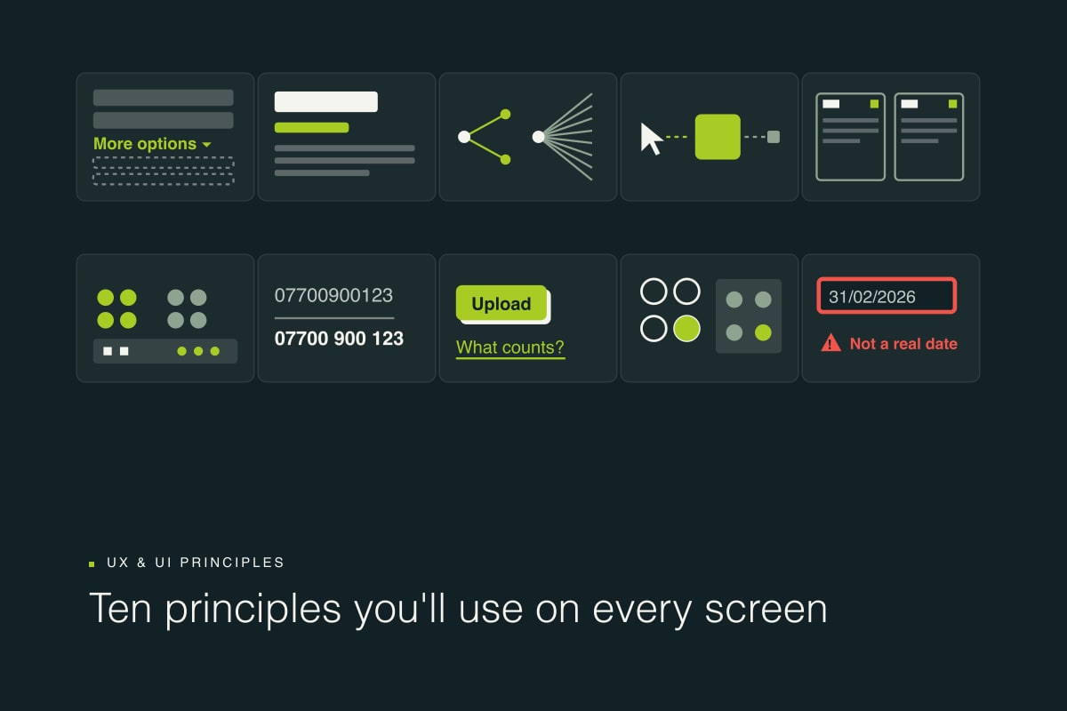 Ten small diagrams illustrating UX and UI principles