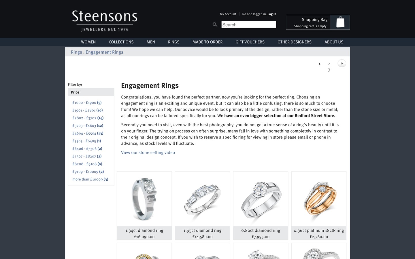 Steensons jewellery ecommerce website