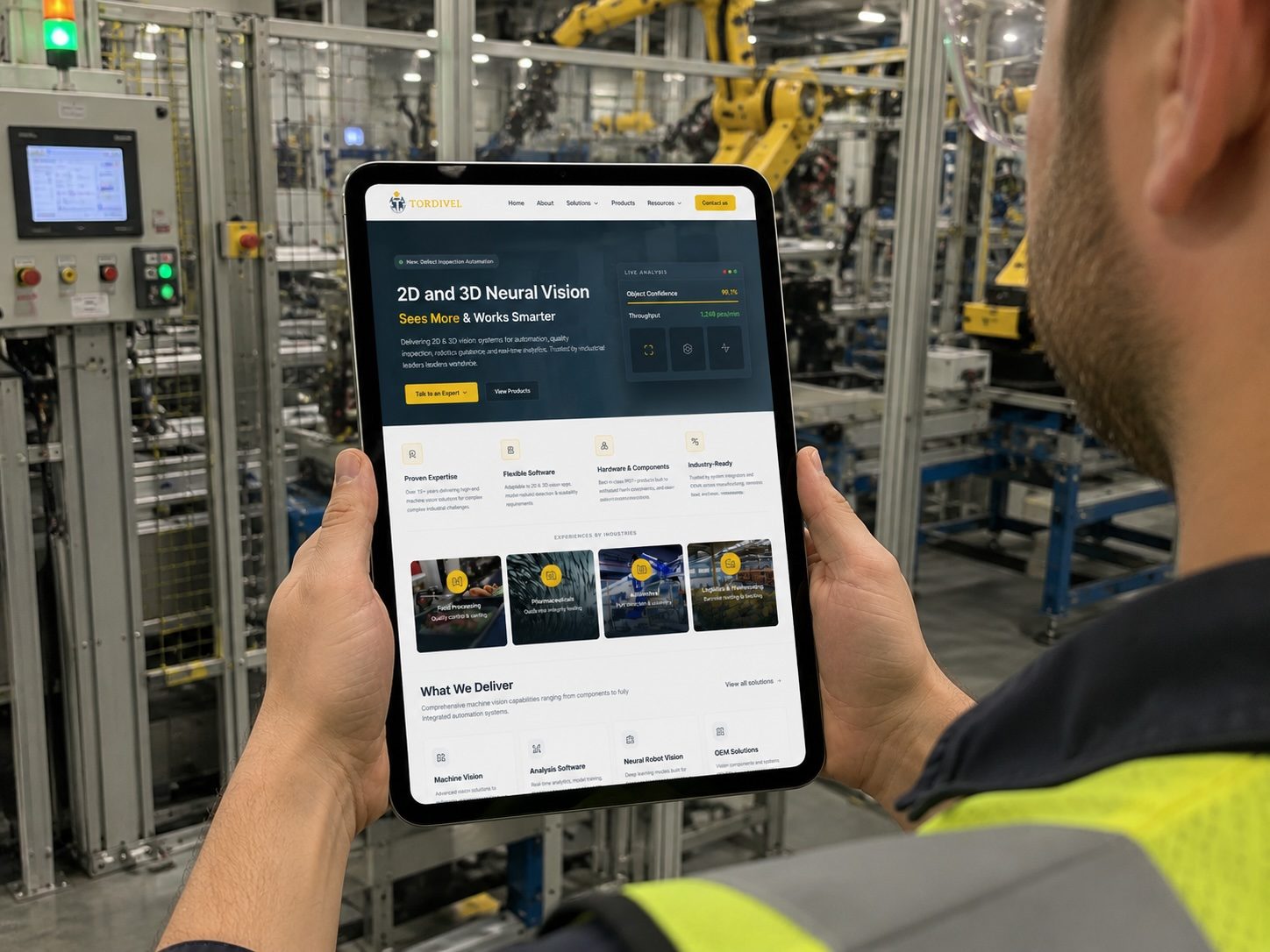 Tordivel machine vision website on tablet in factory setting